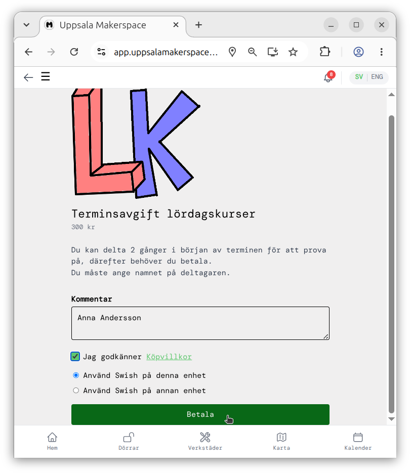 Fyll i uppgifterna och klicka på 'Betala'