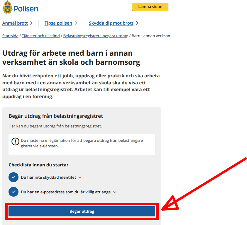 Utdrag för arbete med barn i annan verksamhet än skola och barnomsorg