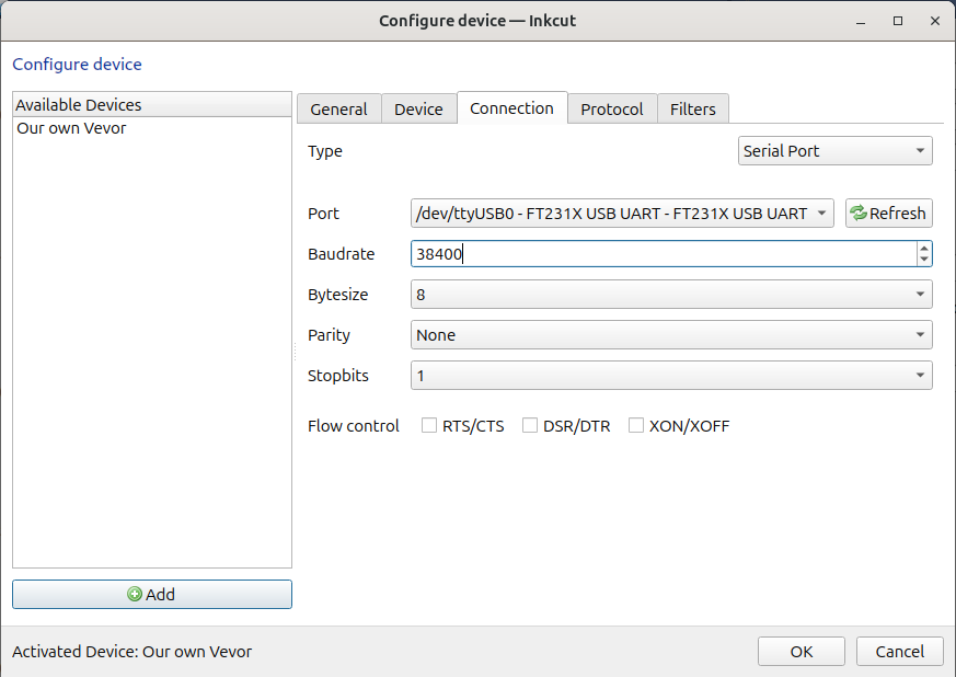 Use the serial port with a baudrate of 38400